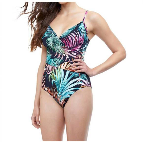 NEW PROFILE BY GOTTEX v-neck surplice one piece swimsuit in tropico black